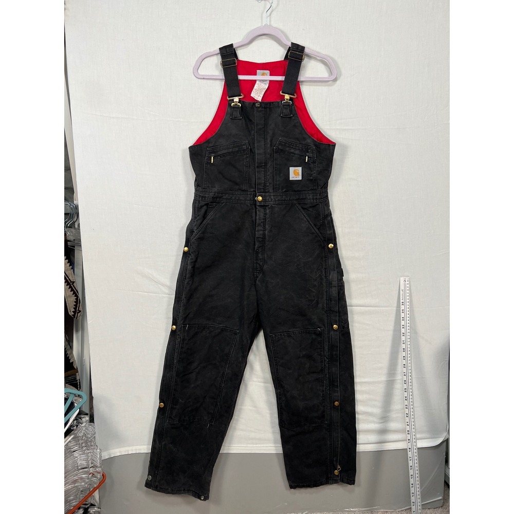 Carhartt Mens R04 BLK Quilt Lined Duck Canvas Bib Overalls Black Red 34x30 USA